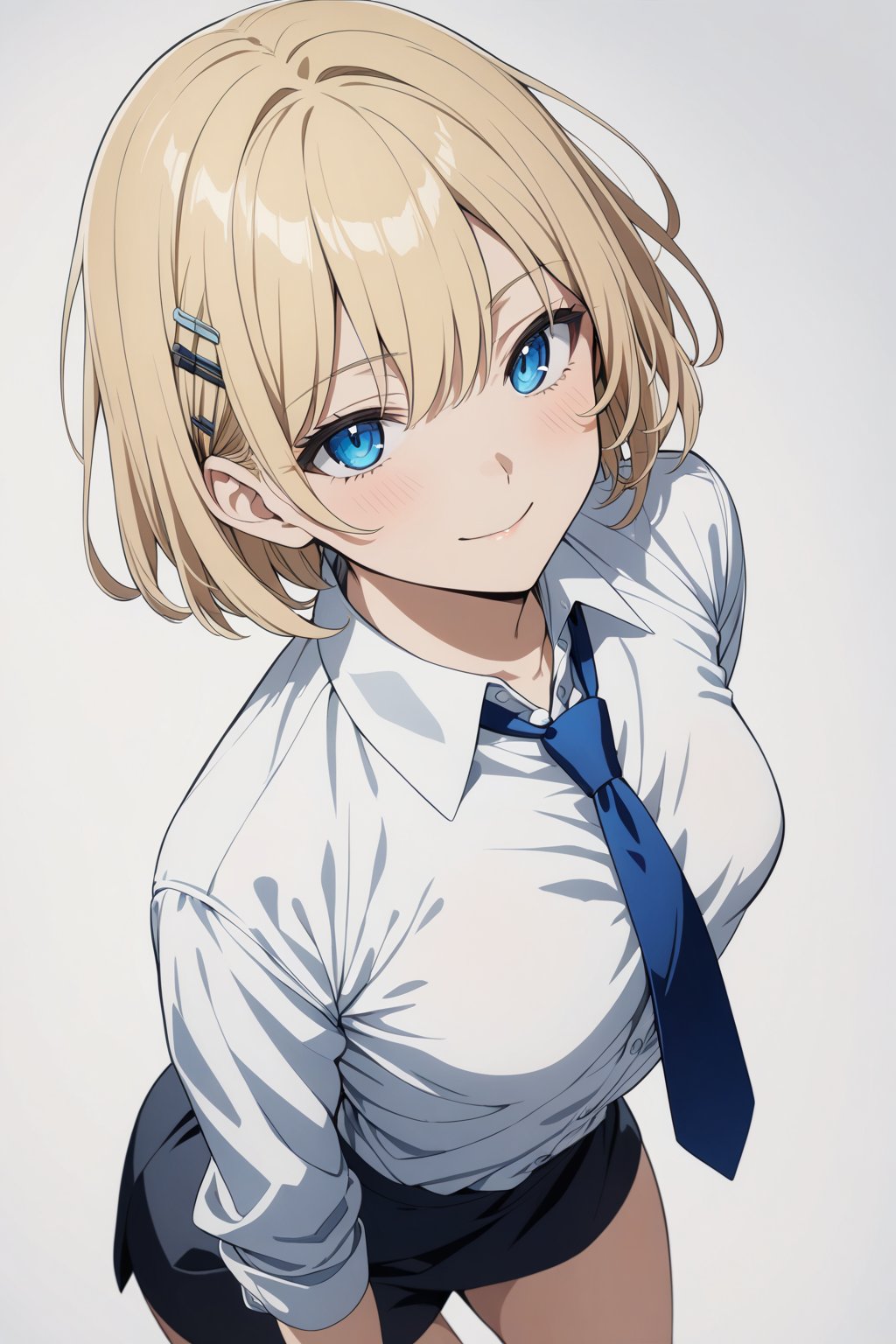 1girl, short hair, blonde hair, blue eyes, small breasts, white shirt, collared shirt, necktie, hairpin, seductive smile,white background, simple background, anime coloring,masterpiece, best quality,from above