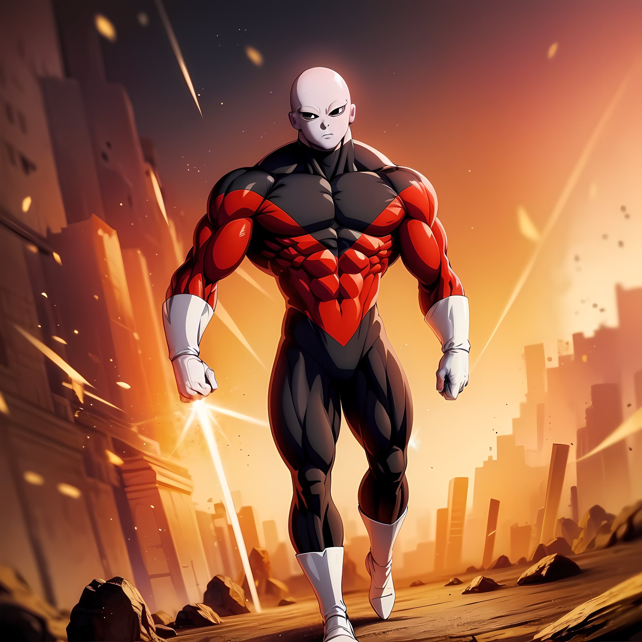 ((masterpiece, best quality)),(complex lighting),solo,1boy, full body, jiren,white gloves,bodysuit,muscular,bald <lora:Jiren_1:0.6>, light particles, dust particles, red aura, topless, 