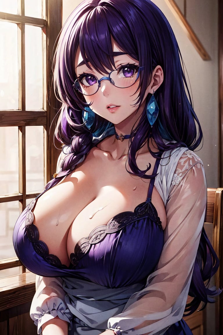 <lora:HC_Inoue Aoi:0.7>,HC_Inoue Aoi,mature female,long hair,solo,bangs,purple eyes,glasses,purple hair,cleavage,huge breasts,, 8k,best quality,masterpiece,rule of thirds,superb,high resolution,sharp focus,extremely detailed description,professional,gorgeous and intricate details,