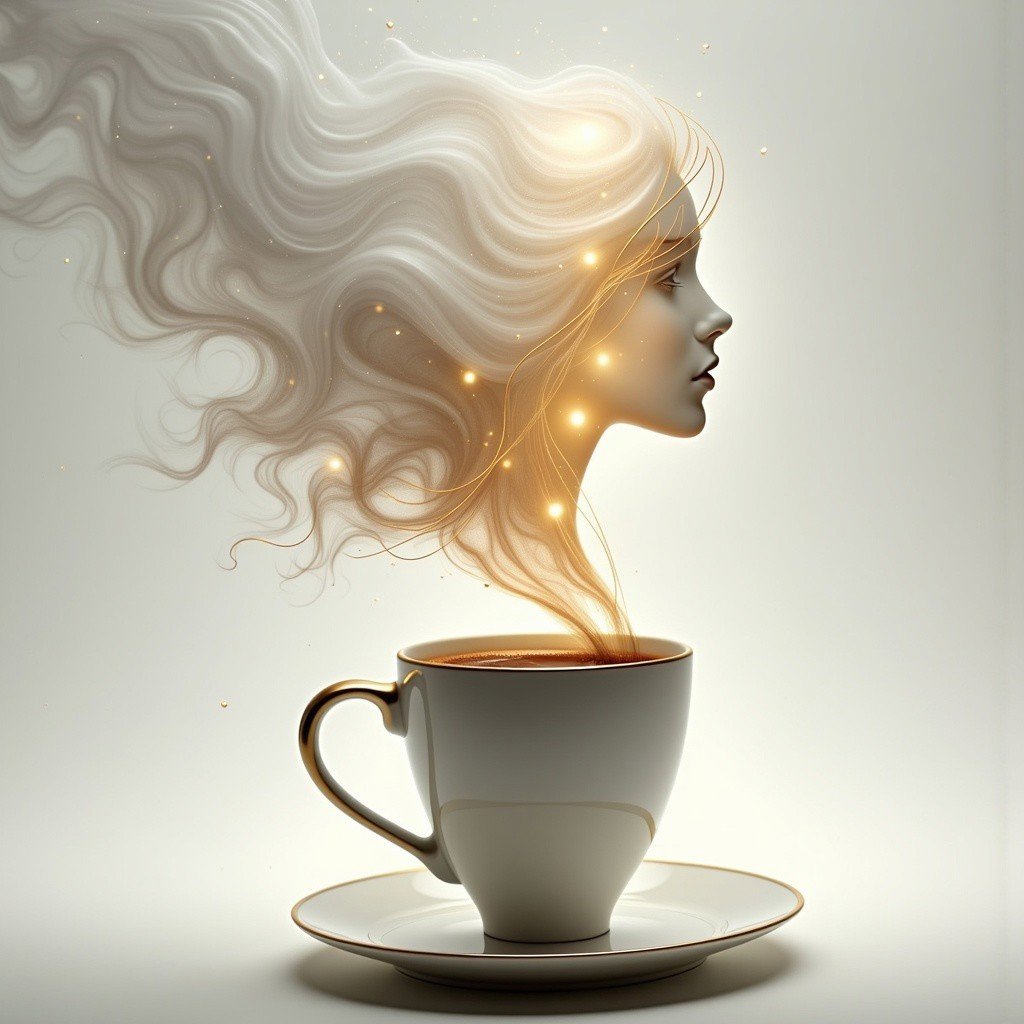 Abstract Lighting Effects, style of Anthony Thieme, Cinematic style, Realism, Film still, High quality,  A surreal and elegant image featuring a white coffee cup with gold accents, from which steam rises to form the detailed and graceful silhouette of a woman's face. The woman's flowing hair merges seamlessly into the steam, with hints of gold highlighting the strands. The background is a soft, light color that enhances the contrast and elegance of the cup and steam. The overall atmosphere is sophisticated, dreamy, and artistic.