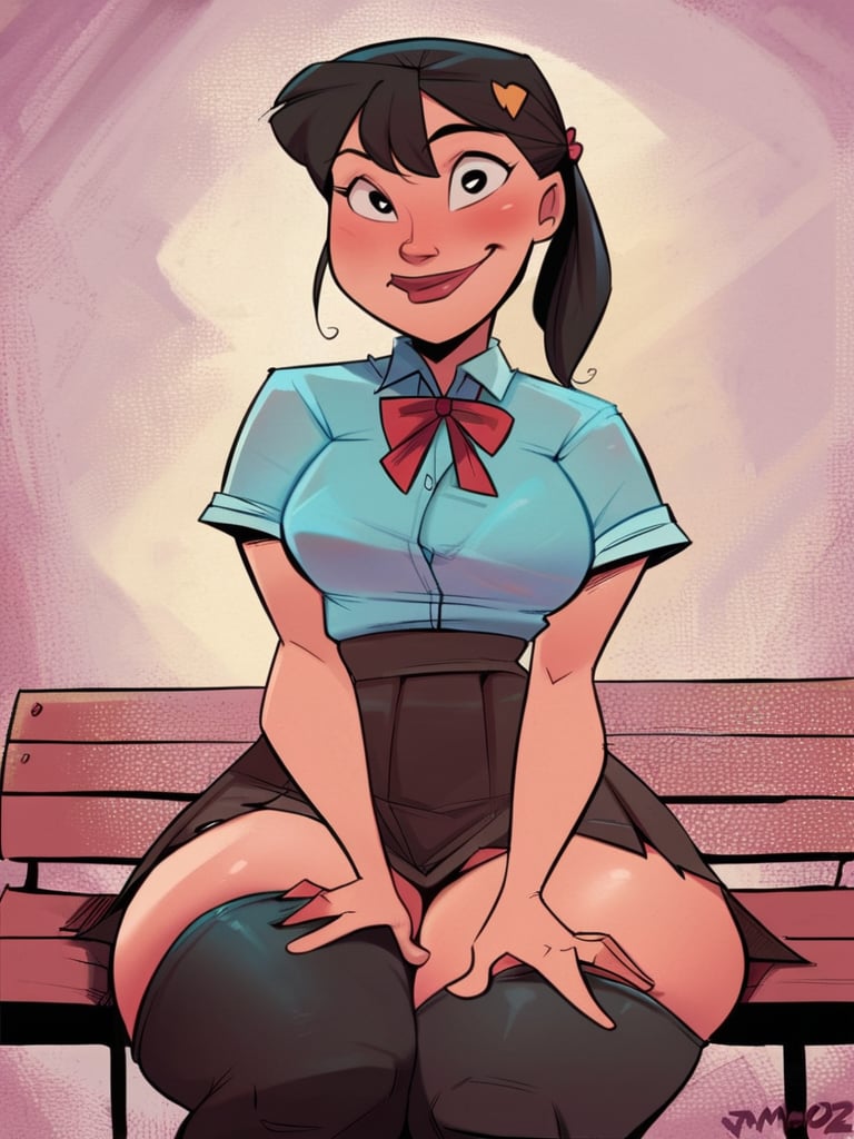 score_9, score_8_up, score_7_up, girl sitting in a bench, hands on thighs, long black hair, school uniform, skirt, black thighhighs, cute hair ornament, bright pupils, blush, medium breasts, narrow waist, wide hips, thick thighs, looking at viewer, cowboy shot, dynamic pose, cute, wide shot, solo, sexually suggestive, light smile,<lora:JMoxComix_style:0.8> JmoxComic, cartoon