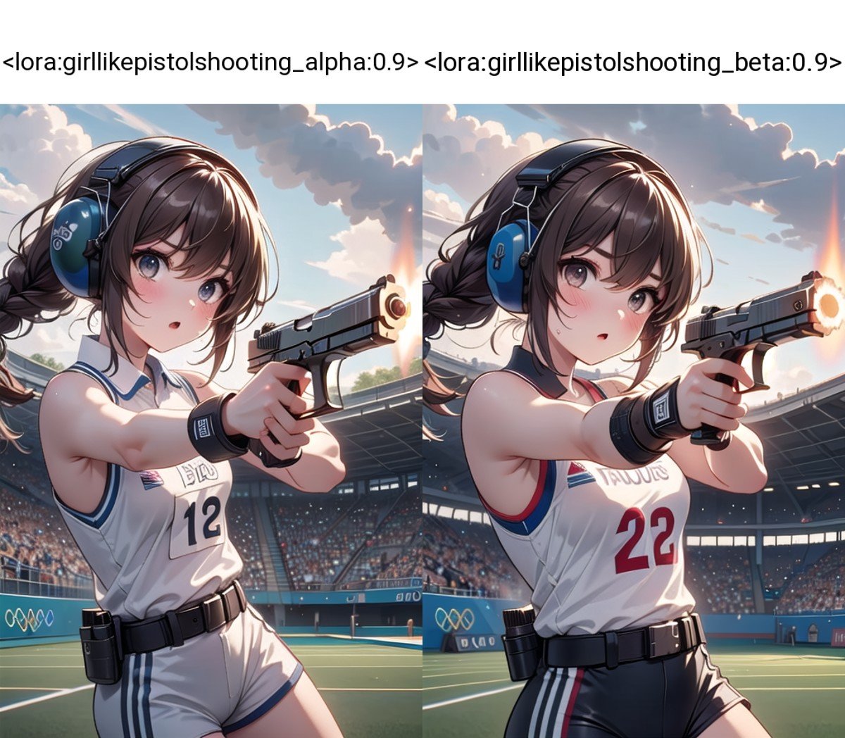 (((masterpiece))), (((best quality))), ((pistol shooting)), (holding air handgun), muzzle flash, aiming at target, aiming at viewer, firing, player uniform, sleeveless, sports shorts, ear defenders, fingerless gloves, open-air range, olympic games venue, sky, wind, steam, sweat, shadow, 1girl, ribbon, brown hair, braid, big tits, stnading, facing viewer,  <lora:girllikepistolshooting_alpha:0.9>