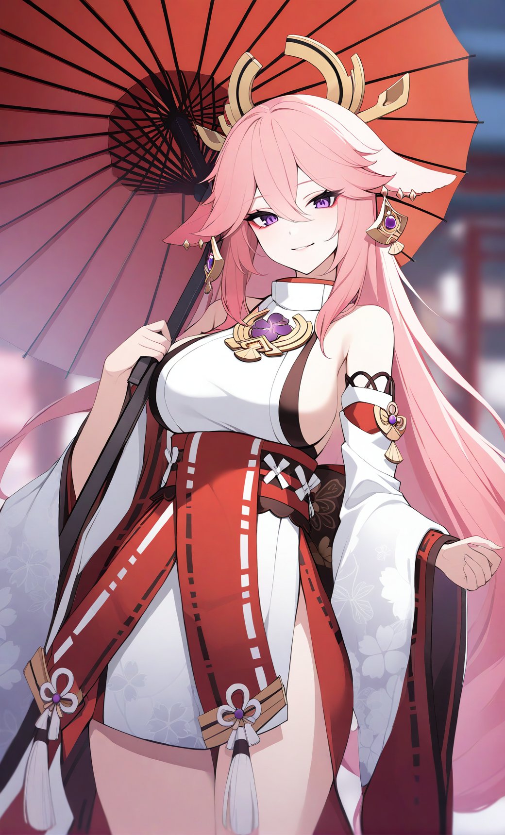 yae_miko 1girl animal_ears blurry breasts depth_of_field detached_sleeves earrings floppy_ears fox_ears hair_between_eyes hair_flaps hand_up holding holding_umbrella japanese_clothes jewelry kimono large_breasts long_hair looking_at_viewer nontraditional_miko oil-paper_umbrella pink_hair purple_eyes red_umbrella sideboob sideless_kimono sideless_outfit smile solo tassel umbrella very_long_hair white_kimono wide_sleeves flat_coating clear_color highres absurdres best_quality