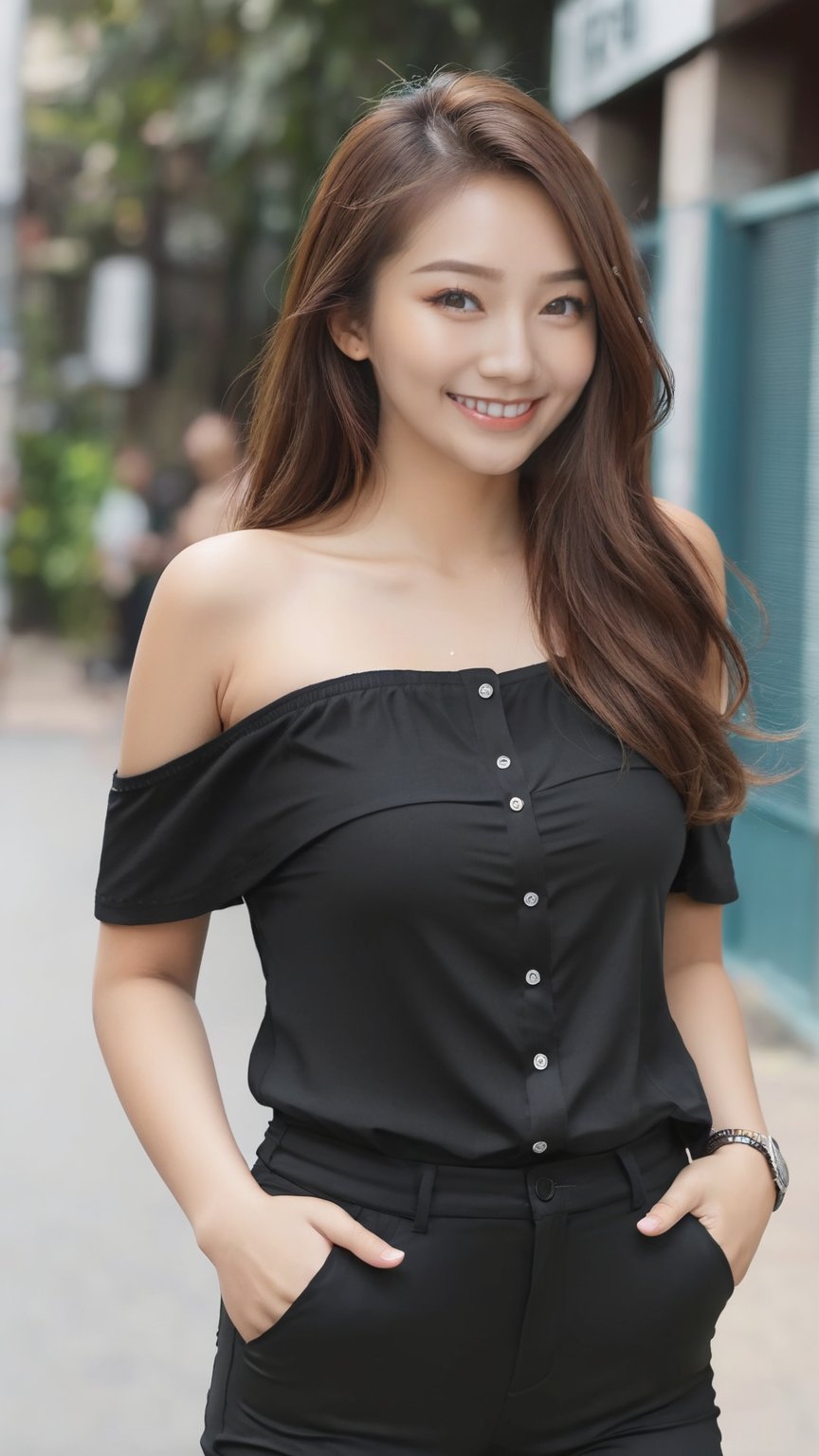 "1girl, solo, long hair, looking at viewer, brown hair, shirt, bare shoulders, brown eyes, standing, pants, off shoulder, from side, black shirt, realistic, photo background without depth of field, photo inset, street", grin, smile<lora:EMS-63591-EMS:1.000000>, <lora:EMS-384589-EMS:0.600000>, <lora:EMS-413460-EMS:0.900000>