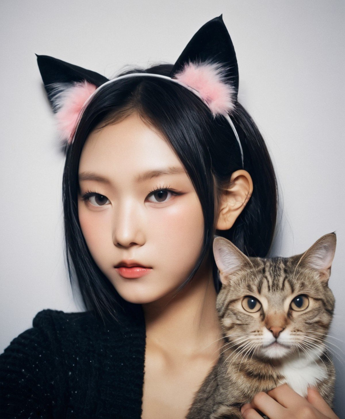 photograph asian kpop idol, young woman, cat ears, woman with cats, 50mm . cinematic 4k epic detailed 4k epic detailed photograph shot on kodak detailed cinematic hbo dark moody, 35mm photo, grainy, vignette, vintage, Kodachrome, Lomography, stained, highly detailed, found footage