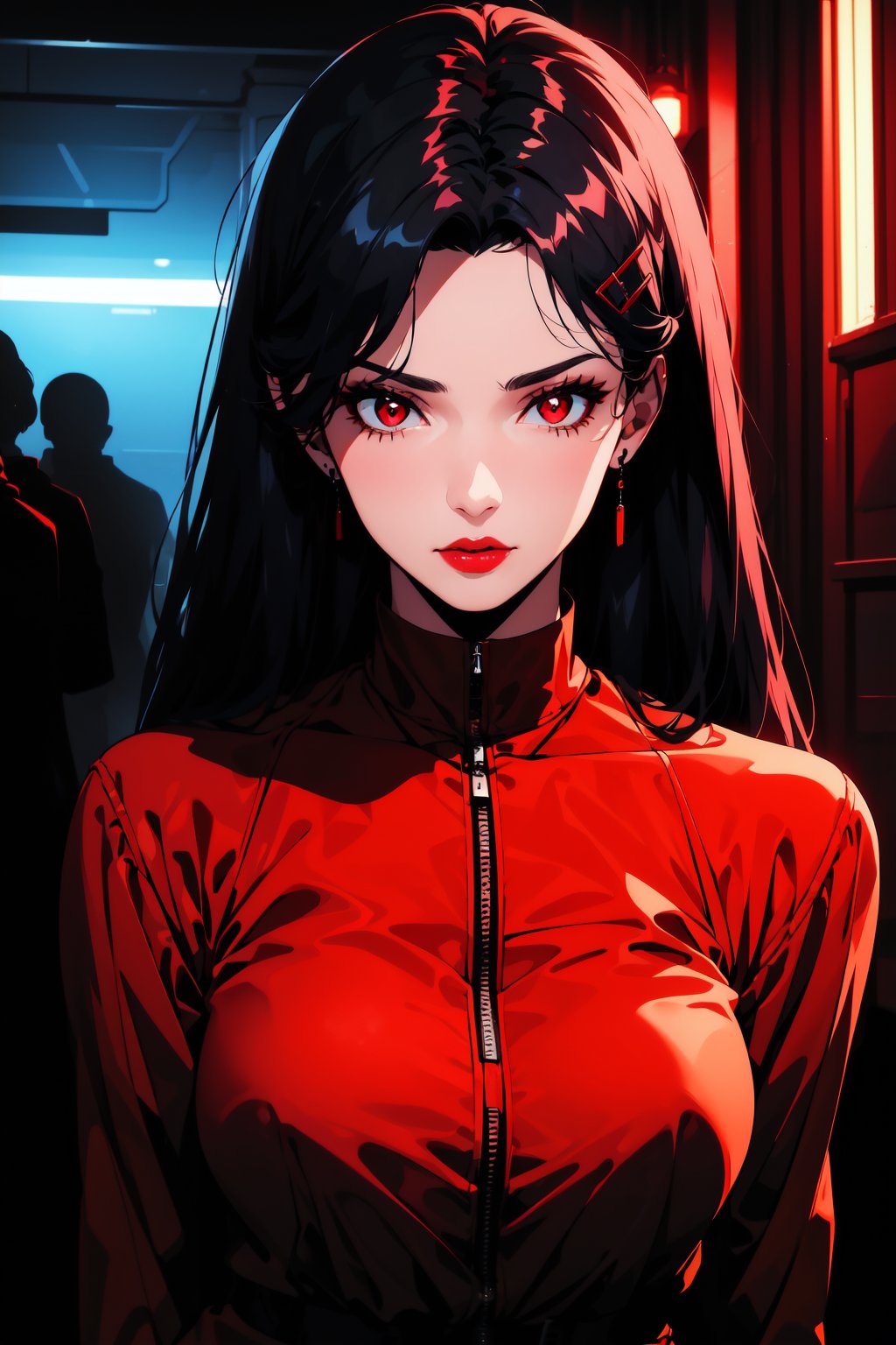 1girl, black hair, long hair, bznoir, perfect figure, matured woman, (high quality, masterpiece:1.2), hair clip, red eyes, shiny lips, red theme, glowing, glowing eyes, (upper body), dark atmosphere<lora:EMS-323506-EMS:1.200000>