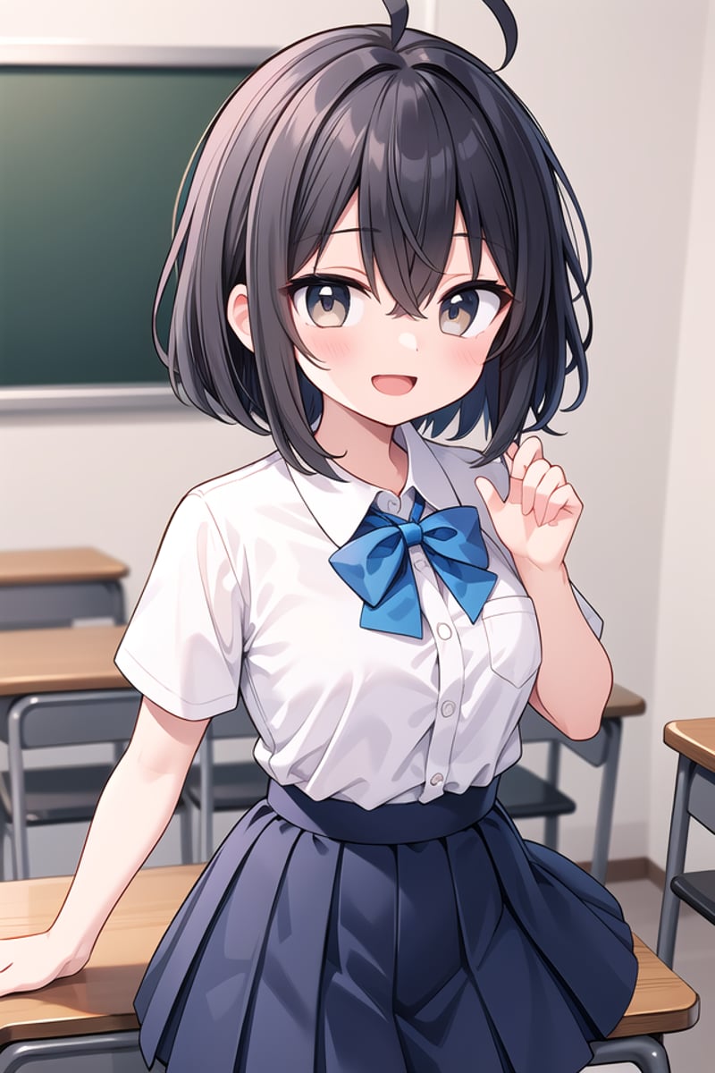 insanely detailed, absurdres, ultra-highres, ultra-detailed, best quality,1girl, solo, nice hands, perfect handsBREAKsummer school uniform, (plain dark blue skirt with many pleats:1.4), (striped indigo blue bowtie:1.3), short sleeves, white shirt, shirt with white buttonBREAK(nsfw:-1.5)BREAKhappy smile, laugh, open mouthBREAKstanding, cowboy shot, looking at viewerBREAKslender, kawaii, perfect symmetrical face, ultra cute girl, ultra cute face, ultra detailed eyes, ultra detailed hair, ultra cute, ultra beautifulBREAKclassroom, depth of field, ultra detailed backgroundBREAKmedium large breastsBREAK, (ahoge:1.2), (short bob cut, hair between eyes, black dark_brown hair), black dark_brown eyes