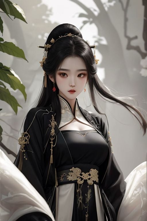 APO <lora:Hanfu:1.5>, a woman, (upper body), (from above:0.05), fancy black dress