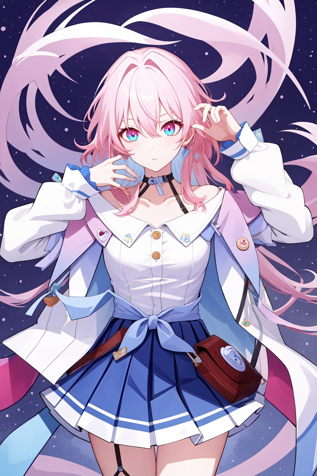 <lora:三月七:1:lbw=char>,sanyueqi,pink hair,bangs,shirt,white shirt,long sleeves,blue eyes,jacket,skirt,choker,blue jacket,blue skirt,hair between eyes,multicolored eyes,, 1girl,,  (masterpiece,best quality:1.2),absurdres