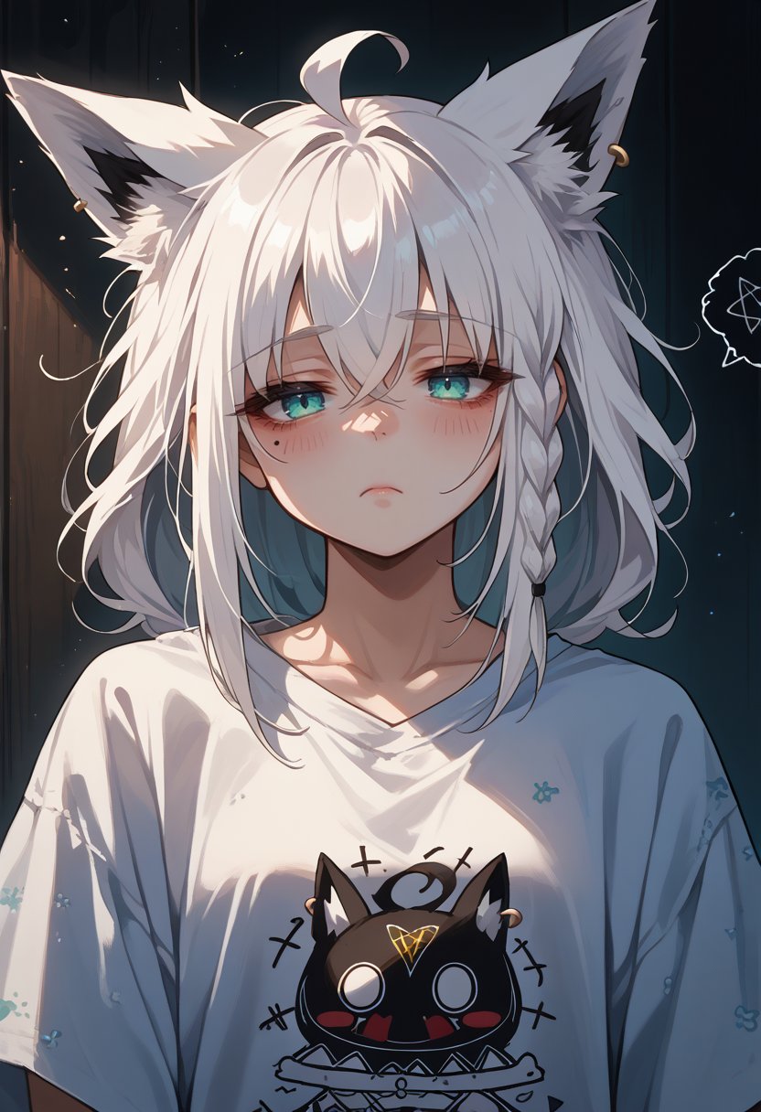 score_9, score_8_up, score_7_up, source_anime, <lora:shirakami_fubuki_sdxl_pony-4:1>, fubuki, white hair, single side braid, ahoge, piercing, fox tail, portrait, pajama shirt, loose shirt, oversized shirt, tired, messy hair, dark circles, 