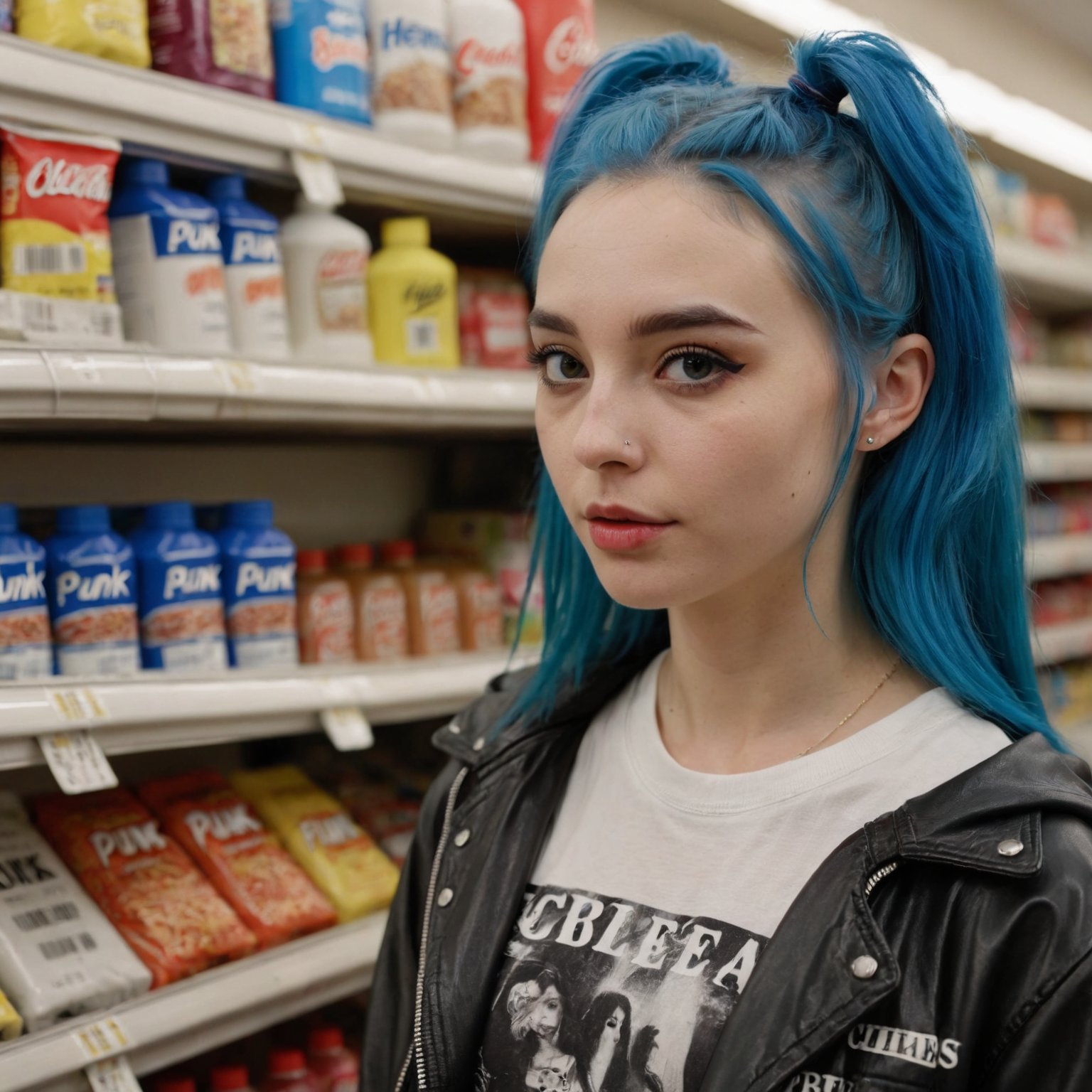 An ultra-detailed beautiful stylish girl wearing punk streetwear in a convenience store, heavenly beauty