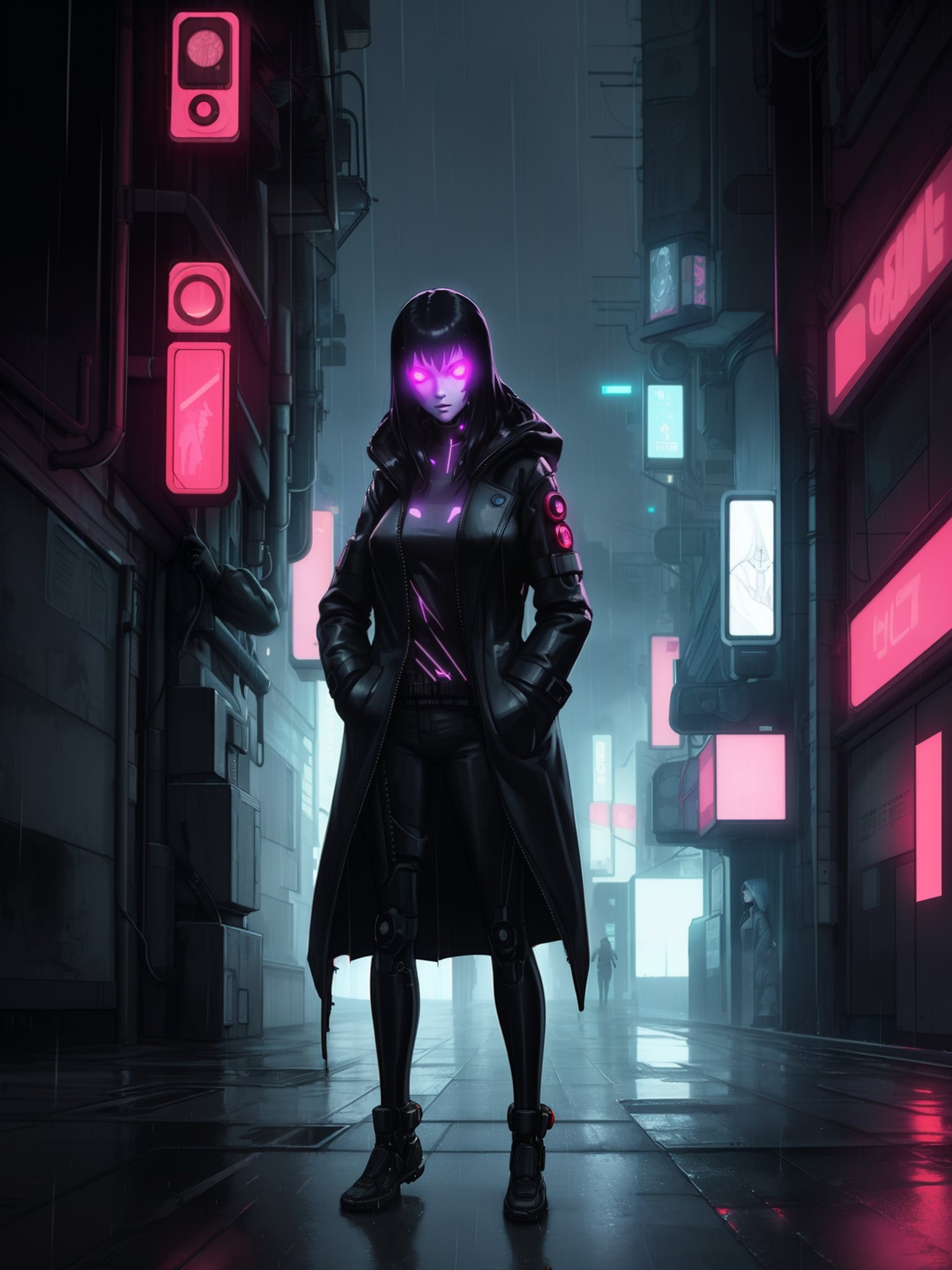 (masterpiece, best quality), 1girl,night city,rain,coat,hands in pockets,illustration,horror theme,cyberpunk street background,sense of technology,mechanical,glowing clothes