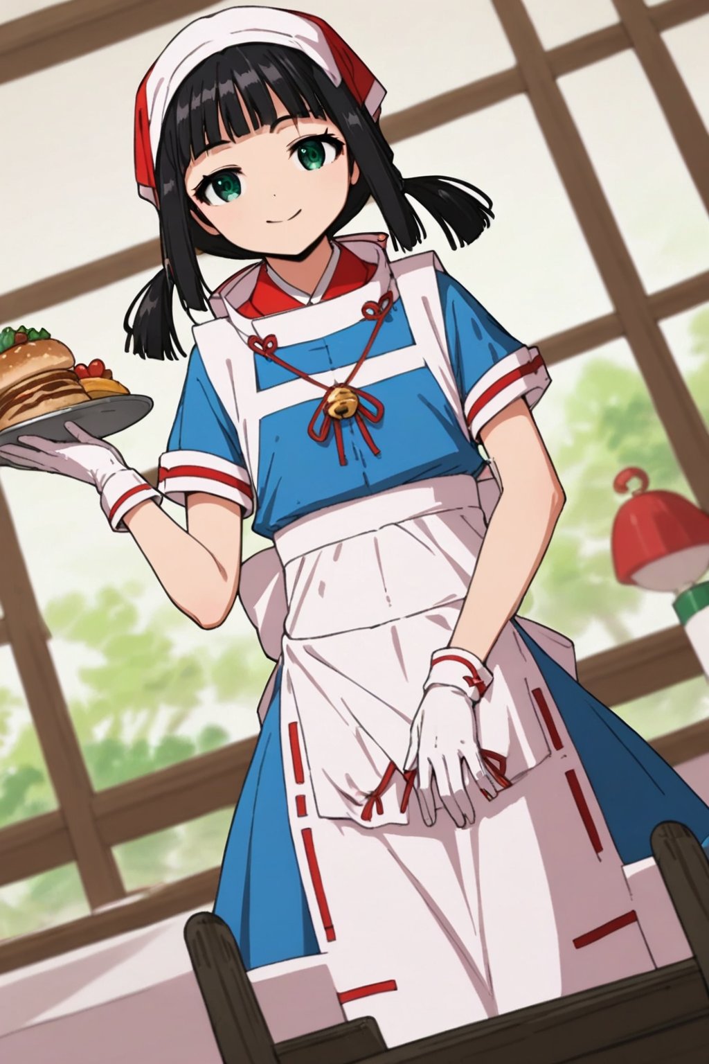 score_9, score_8_up, score_7_up, score_6_up, score_5_up, score_4_up, source_anime, shizuku_nige, black hair, blunt bangs, green eyes,1girl., solo, twintails, smile, apron, blue shirt, blue skirt, frilled apron, frills, gloves, head scarf, shirt, short sleeves, skirt, uniform, waist apron, waitress, white apron, white gloves, food, tray, food tray, indoors, restaurant, looking at viewer, dutch angle, cowboy shot,masterpiece, perfect face, best quality, beautiful girl, blurry background, cute girl, beautiful eyes, shiny eyes, perfect body, <lora:cqpeel5e878c738l4mug:1>