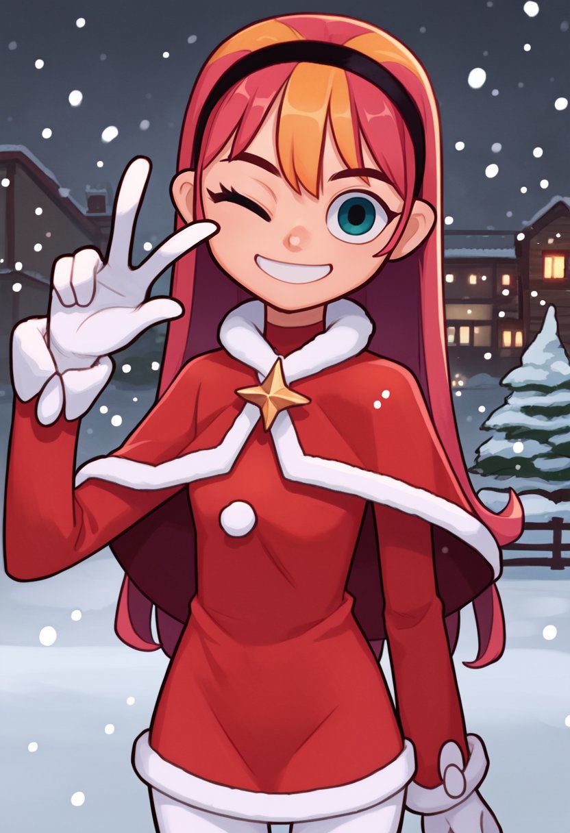 score_9, score_8_up, score_7_up, source_anime, cowboy shot, solo, 1girl, agentxero, makeup, smile, looking at viewer, standing, peace sign, long hair, black hairband, one eye closed, christmas, fur trim, red capelet, fur-trimmed capelet, red dress, fur-trimmed dress, long sleeves, white gloves, white pantyhose, snowing, outdoors <lora:themodifyers_agentxero_ponyXL:1>