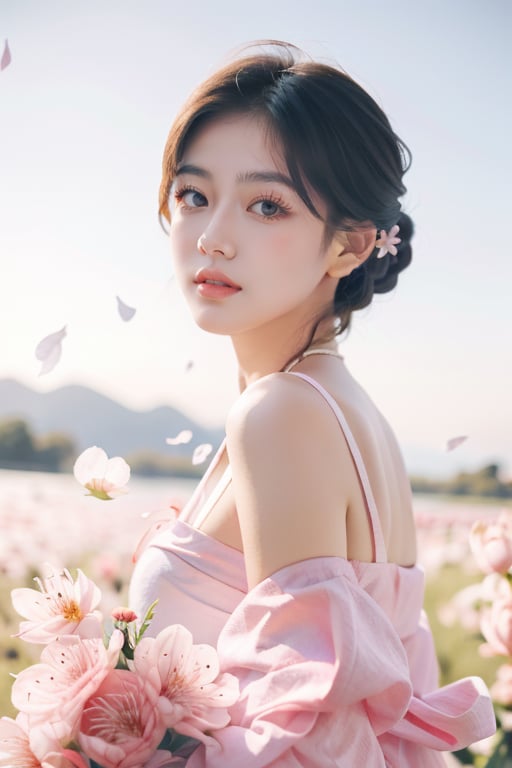 (masterpiece, high quality, 8k), 1girl,  hoadao, red flower,petals,cherry blossoms, outdoors <lora:hoadao_v1-000002:1>