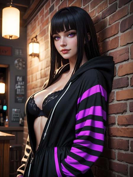 zPDXLrl, score_9, score_8_up, score_7_up, Expressiveh, rating_explicit, ultra realistic, 32k, masterpiece, best quality, concept art, ultra HD quality details, 1girl, 20 year old, long black hair, hime cut, perky breasts, cleavage, pretty face, looking at viewer, purple eyes, light freckles, oversized hoodie, black skirt, striped thigh-high socks, gothic boots, leaning on wall, detailed background, inside, bar, hidden area, volumetric lighting, vivid colours, glowing, neon, portrait shot, face focus, upper body, black bra,