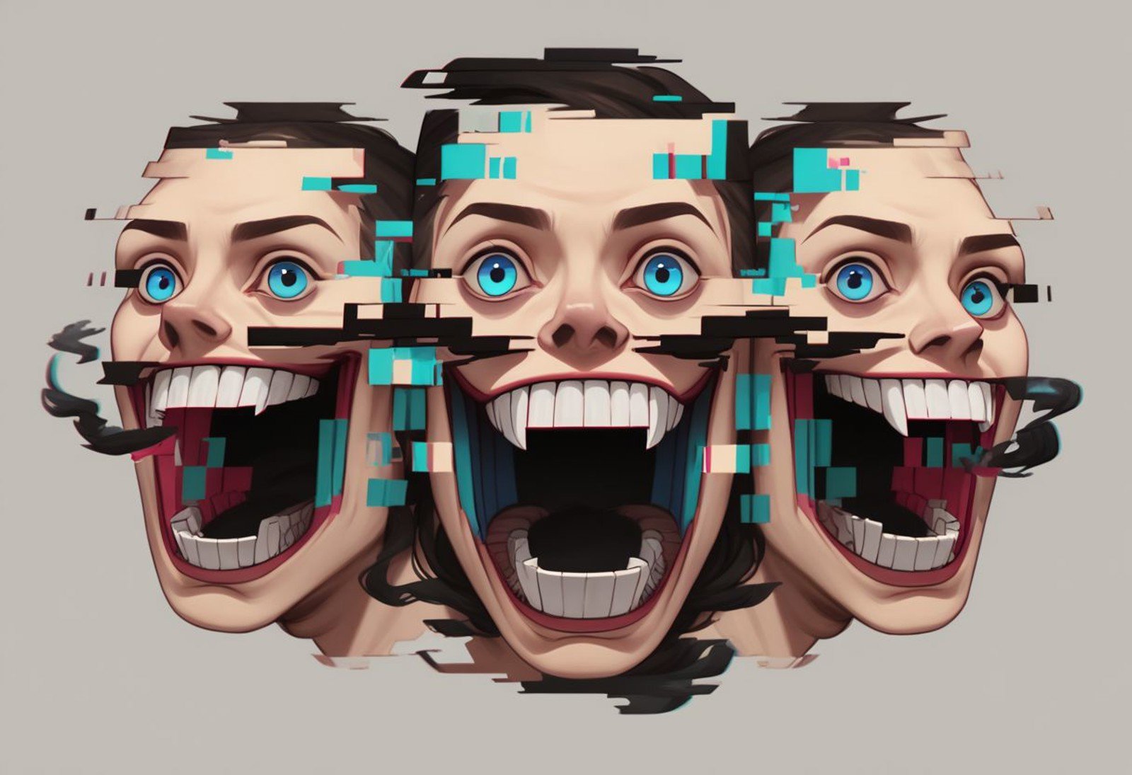 did vaporwave style, solo, 1boy, male focus, realistic, teeth, open mouth, smile, grey background, simple background, mowhawk, multiple heads, motion blur, smoke, glitch, blue eyes, looking at viewer, portrait,  zPDXL2
