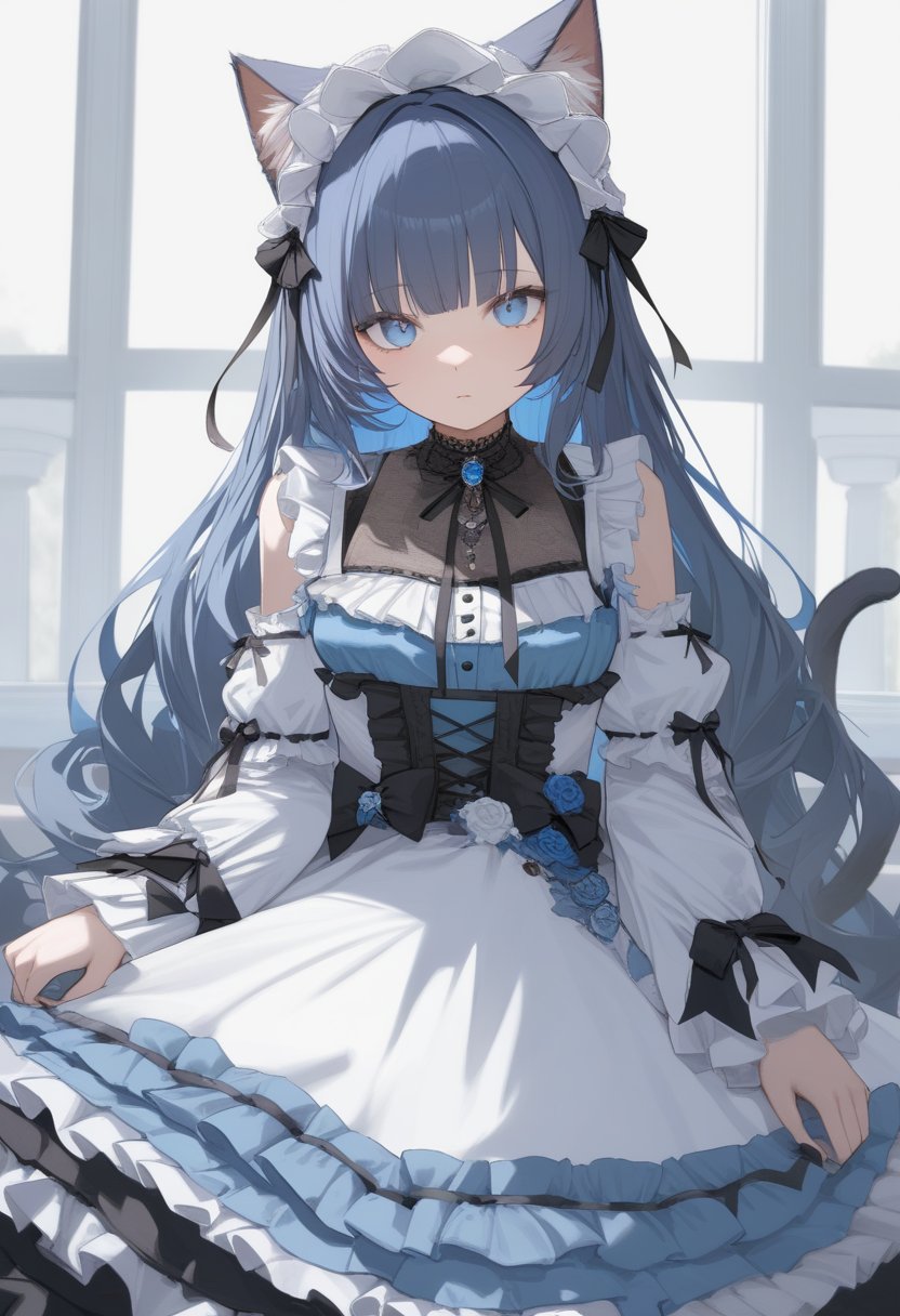 1girl,solo,very long hair,dress,blue eyes,cat ear,frills,looking at viewer,jewelry,bangs,lolita_fashion,newest,highres,absurdres,highly detailed,best quality,