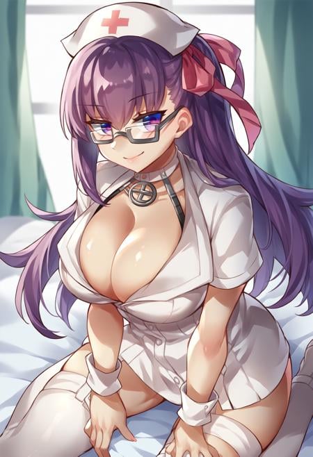 score_9, score_8_up, source_anime, 1girl, solo, BBNurse, purple eyes, long hair, purple hair, hair ribbon, red ribbon, nurse cap, nurse, glasses, white dress, short dress, cleavage, short sleeves, wrist cuffs, white choker, white thighhhighs, seiza, kneeling, on bed, smile, blush, <lora:ChamBBFatePonyXL:1>,  <lora:Pokoten-Style-PonyXL-000046:1>