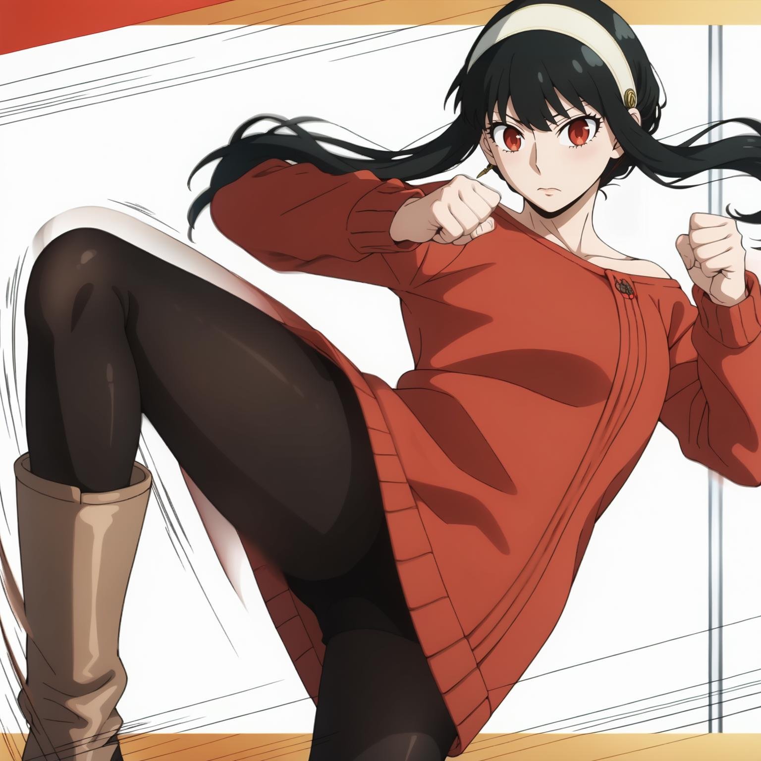 <lora:YorForgerXLpony004>,looking at viewer,solo,YorForger,1girl,black hair,red eyes,short hair with long locks,white hairband,off shoulder,red sweater,black pantyhose,boots,motion_blur,motion line,speed_lines,sweater skirt,kicking,