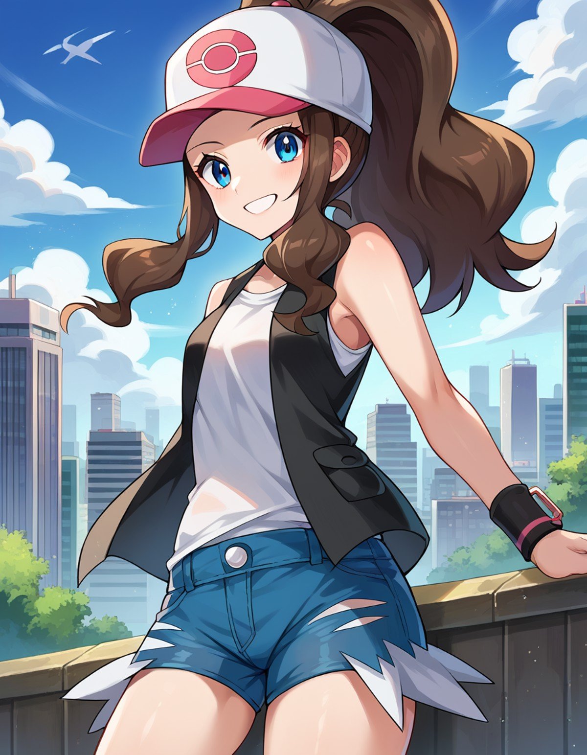 score_9, score_8_up, score_7_up, source_anime,pokemonhilda, <lora:pokemon-hilda-ponyxl-lora-nochekaiser:1>pokemonhilda, blue eyes, brown hair, long hair, ponytail, smile,baseball cap, blue shorts, denim, hat, shorts, vest, wristband, sleeveless, black vest, white shirt, shirt,outdoors, cityscape,looking at viewer, dutch angle, cowboy shot,