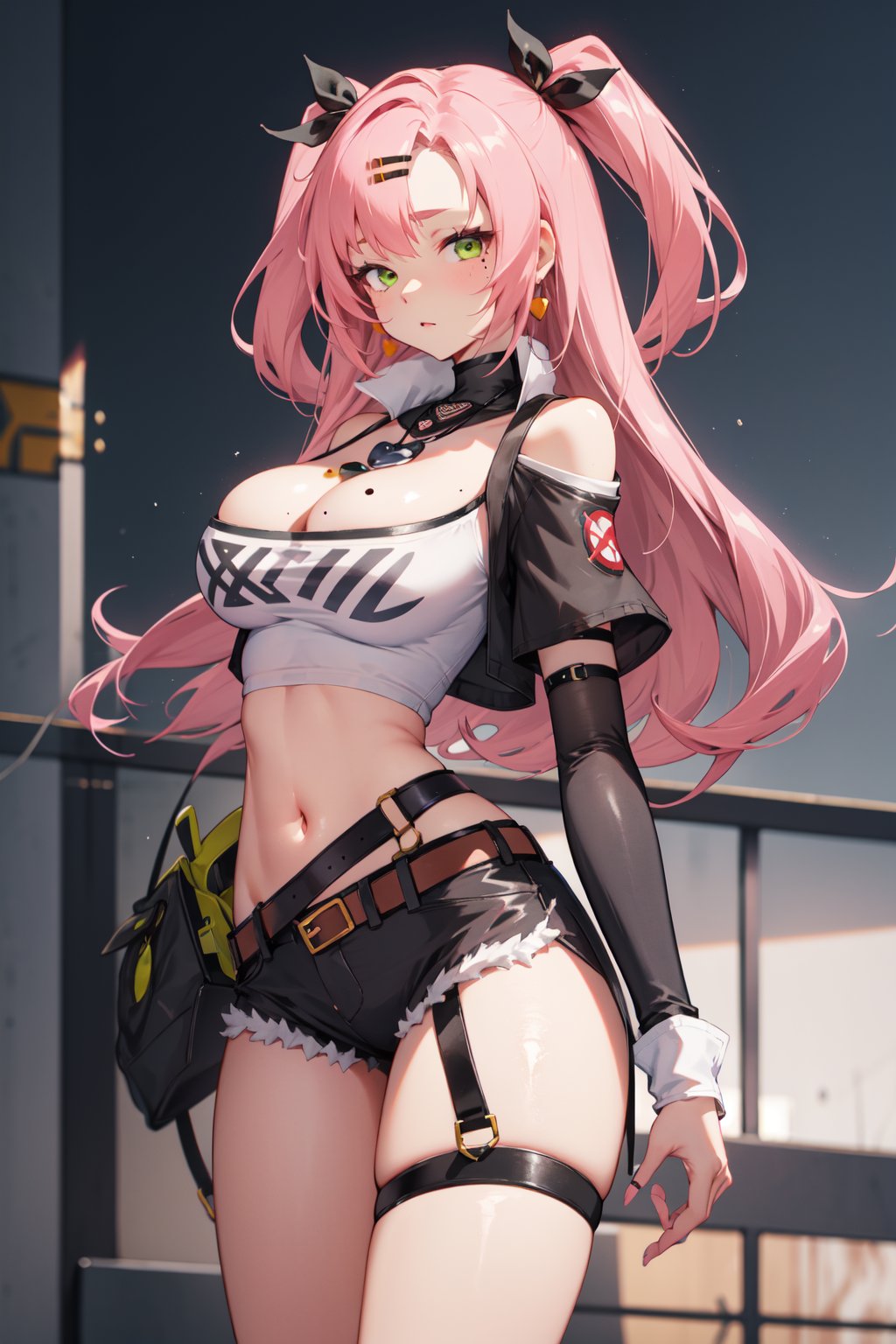 <lora:Nicole-000010:1>,Nicole CYQL,1girl,looking at viewer,solo,long hair,pink hair,hair ribbon,black ribbon,two side up,hairclip,mole under eye,green eyes,bare shoulders,shoulder cutout,large breasts,mole,strapless,tube top,cleavage,long sleeves,midriff,crop top,cutoffs,black shorts,single thighhigh,clothing cutout,belt,thigh strap,socks,black footwear,boots,grin,cowboy_shot,Riverbank, Lights, Reflection, Waterfront, Promenade,beautiful detailed sky,beautiful detailed glow,posing in front of a colorful and dynamic background,masterpiece,best quality,beautiful and aesthetic,contrapposto,female focus,wallpaper,