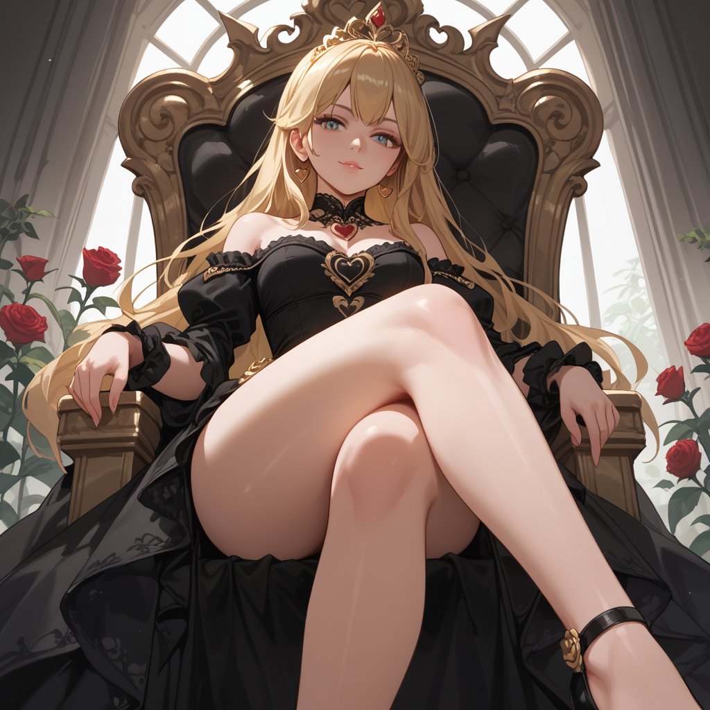 score_9, score_8_up, score_7_up, 1 girl, blonde hair, long hair, seducing viewer, hearts,posing, suggestive pose, sitting on throne, solo, hearts, black royal dress, off shoulder, roses, legs up, from below, air of superiority, crossed legs, golden tiara, flowers, plants