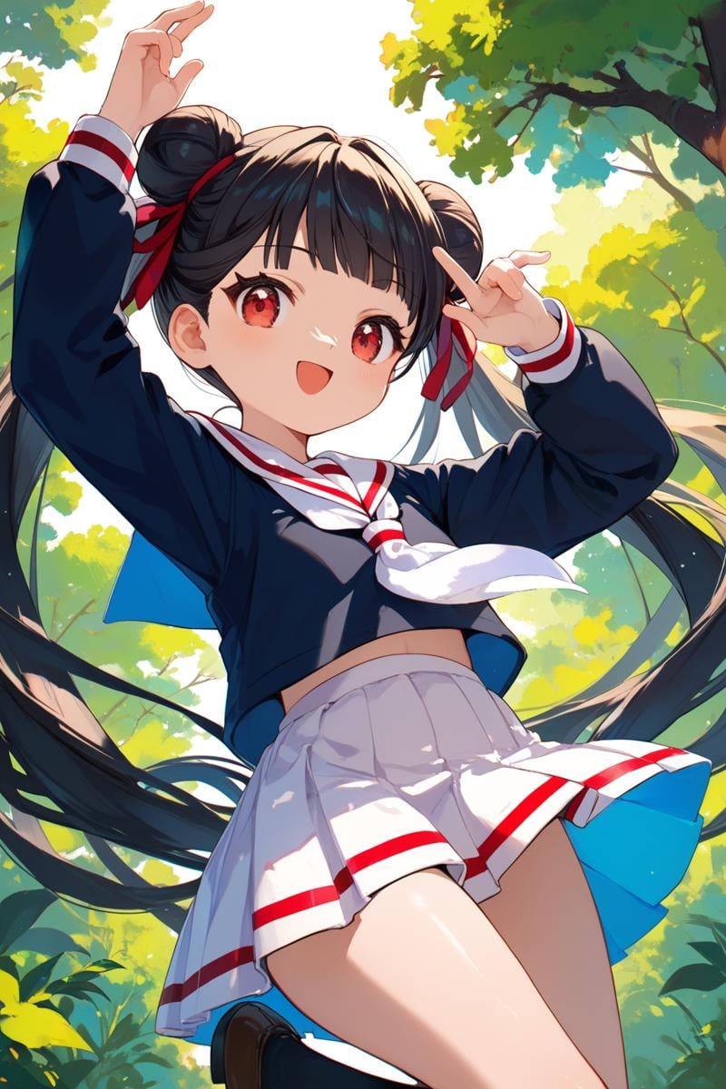 score_9, score_8_up, score_7_up, source_anime,tree, simple background,cowboy shot, close up,dynamic pose, open smile, standing on one leg<lora:meiling_autismConfetti_v01:1>li meiling, black hair, very long hair, twintails, double bun,  red eyes, tomoeda elementary school uniform,  black shirt, sailor collar, school uniform,  white sailor collar, long sleeves, white skirt, pleated skirt, white neckerchief,, zPDXL