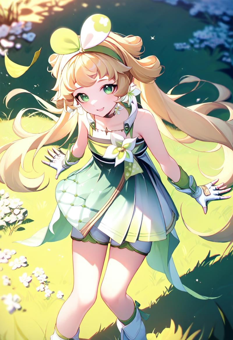 cute anime style, masterpiece, best quality, 1girl, V3r1n4, verina \(wuthering waves\), blonde hair, green eyes, green dress, shorts, white gloves, fingerless gloves, white shorts, flower earrings, <lora:Verina_v1:1>, outdoors, field, looking at viewer