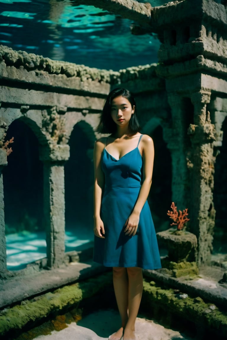 sfw,1girl cleavage,chinese girl,full body,perfect hands,looking at viewer underwater,shadow,dramatic lighting Coral castle lofi,analog,kodak film by Ryan McGinley,