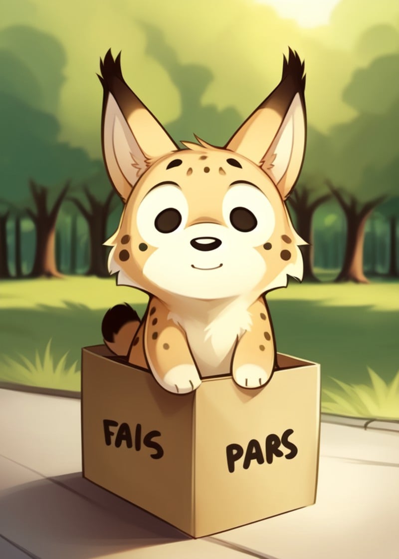 [:(by Ignacio Zuloaga, by Rumiko Takahashi, by Glacierclear, by Ricegnat, by Reysi):0.35],solo (chibi feral eurasian lynx in we bare bears, toony dot eyes:1.3),(sitting in carton, flat chested, half-length portrait, front view:1.25),BREAK,(new york city park, sunny day, tree, street),(detailed background, depth of field, half body shadow)