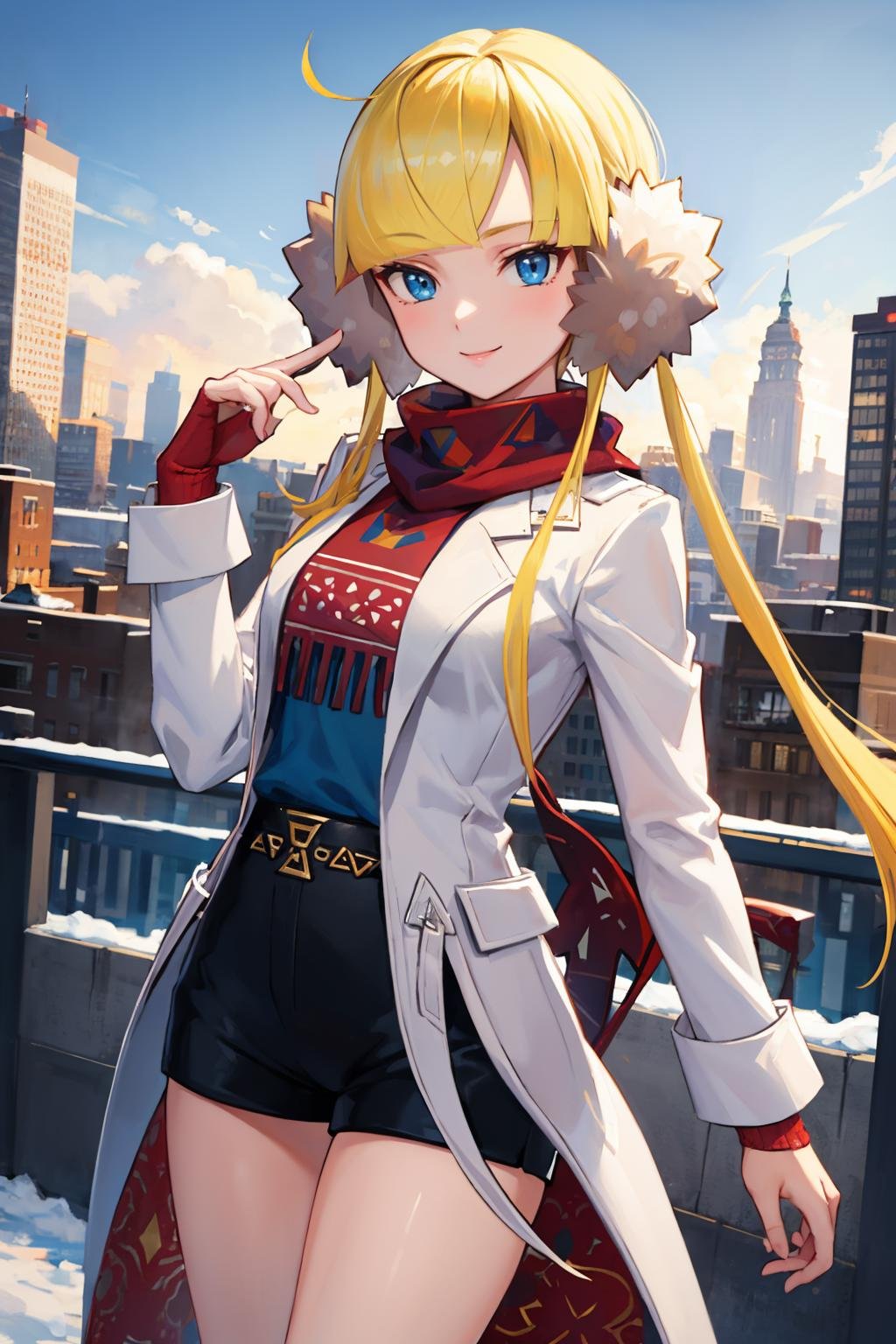 masterpiece, best quality, <lora:elesa-nvwls-v1-000010:0.9> palElesa, blonde hair, earmuffs, twintails, red scarf, white coat, blue shirt, black shorts, cowboy shot, looking at viewer, winter, cityscape, smile