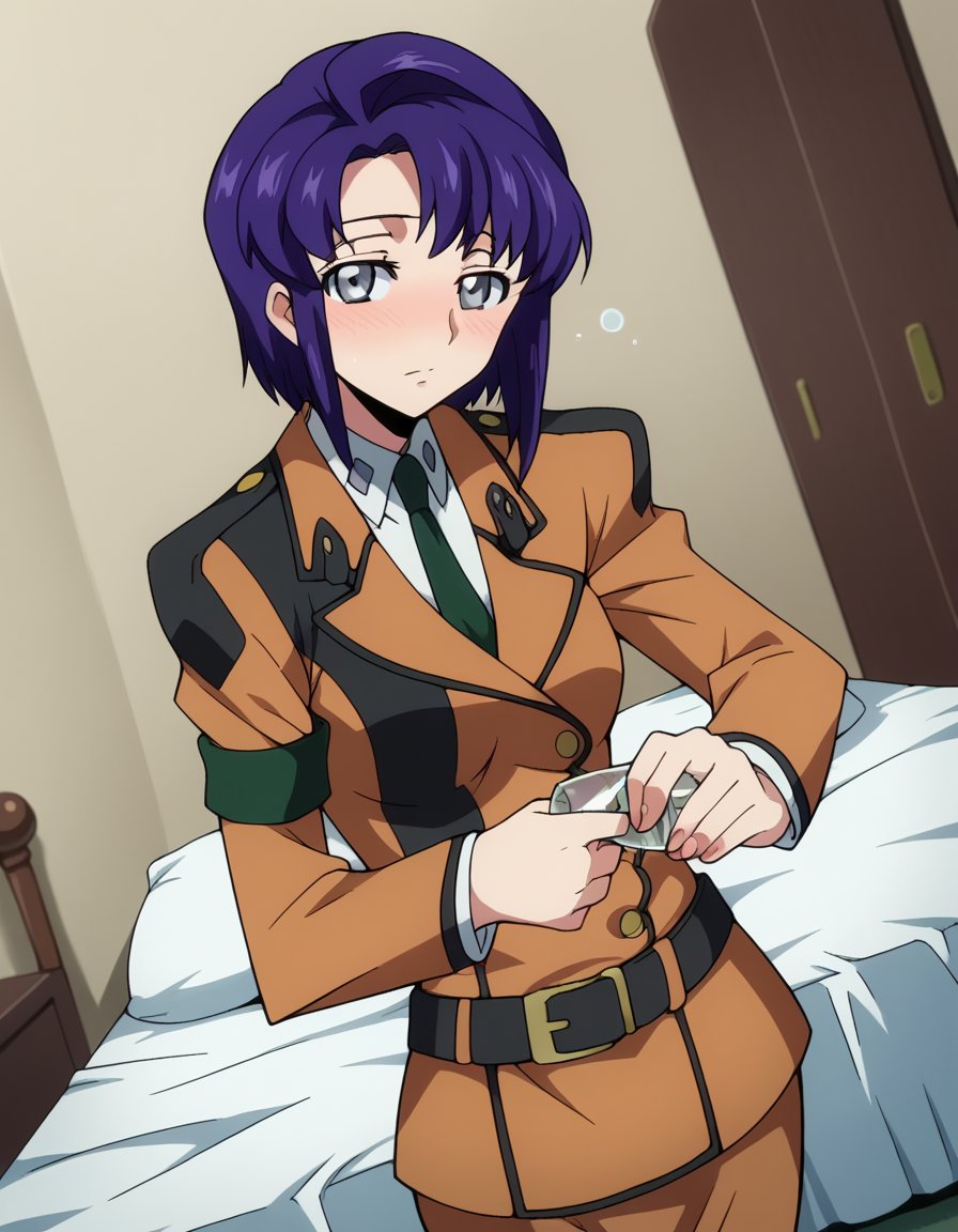 score_9, score_8_up, score_7_up, source_anime,cecilecroomy, <lora:cecile-croomy-s1-ponyxl-lora-nochekaiser:1>,cecile croomy, short hair, grey eyes, purple hair,necktie, belt, uniform, military, military uniform,indoors, bed, bed room, on side, blush, drunk,looking at viewer, dutch angle, cowboy shot, solo,