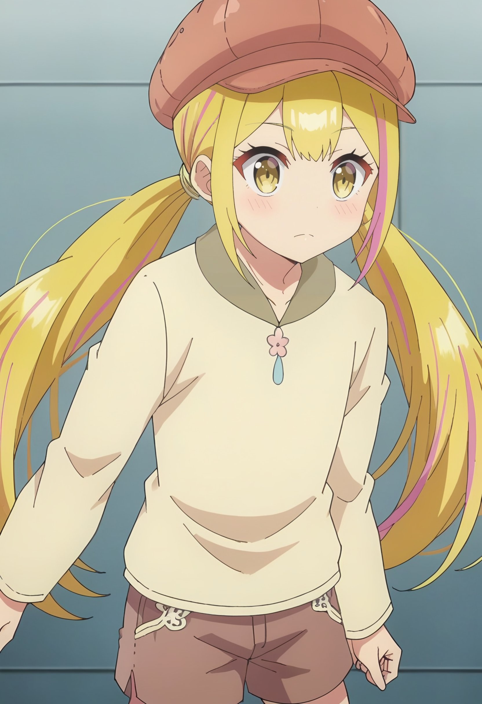 <lora:Sara de Odin:1> sara de odin, blonde_hair, long_hair, 1girl, multicolored_hair, twintails, streaked_hair, pink_hair, hair_ornament, solo, yellow_eyes, bangs,  cabbie_hat, shorts, jacket, sweater, score_9, score_8_up, score_7_up, , anime coloring ,BREAK source_anime, anime