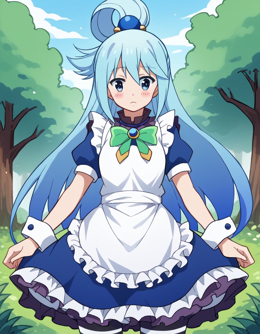 score_9, score_8_up, score_7_up, source_anime, konosubaaqua, <lora:konosuba-aqua-s2-ponyxl-lora-nochekaiser:1>, aqua (konosuba), long hair, blue eyes, hair ornament, very long hair, blue hair, hair rings, single hair ring, hair bobbles,, <lora:alice-cosplay-ponyxl-lora-nochekaiser:1>, alicecosplay alice \(alice in wonderland\) \(cosplay\), apron, black pantyhose, bloomers, blue dress, bow, dress, frilled apron, frilled dress, frills, puffy short sleeves, puffy sleeves, striped clothes, striped pantyhose, white apron, white bloomers, white pantyhose, wrist cuffs,, landscape, forest, blush,, cowboy shot, dutch angle, solo,