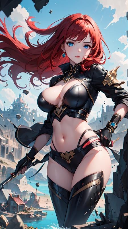 (masterpiece, best quality:1.2), 1girl, solo, red hair, blue eyes, black wear with gold details, (breasts covered:1.2), covered navel, concentrated look, look at the view, damaged, destruction, background with destroyed floating stones, (floating island in the sky:1.2), <lora:detail_slider_v4:1.1>