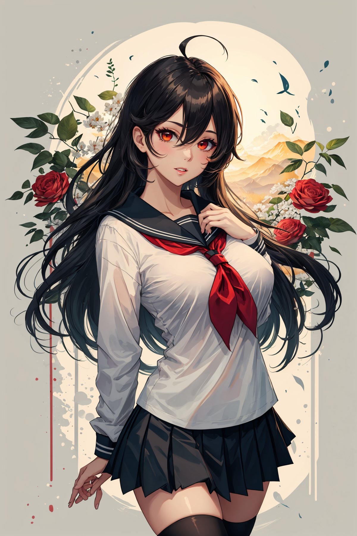 1girl, solo, mature face, mature female, erotic, parted lips, abstract, flower, leaf, whitework, black hair, ahoge, large firm breast, heterochromia, yellow and red eyes, glowing eyes, long hair, hair between eyes, sidelocks, hair flaps, school uniform, serafuku, sailor collar, neckerchief, pleated skirt, thighhighs, school, day, clouds, <lora:Ink scenery:0.8>