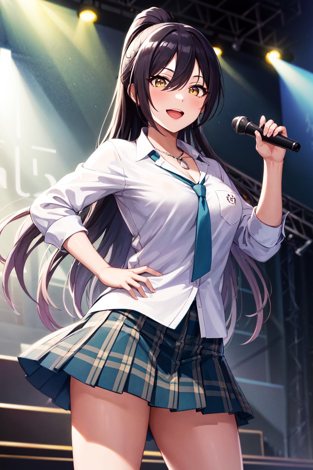 masterpiece, best quality, highres, aasakuya, long hair, high ponytail, breasts, collarbone, necklace, school uniform, green necktie, collared shirt, white shirt, sleeves rolled up, pleated skirt, plaid skirt, <lora:shirase_sakuya_v1:0.7>, stage, smile, open mouth, holding microphone, standing, cowboy shot,