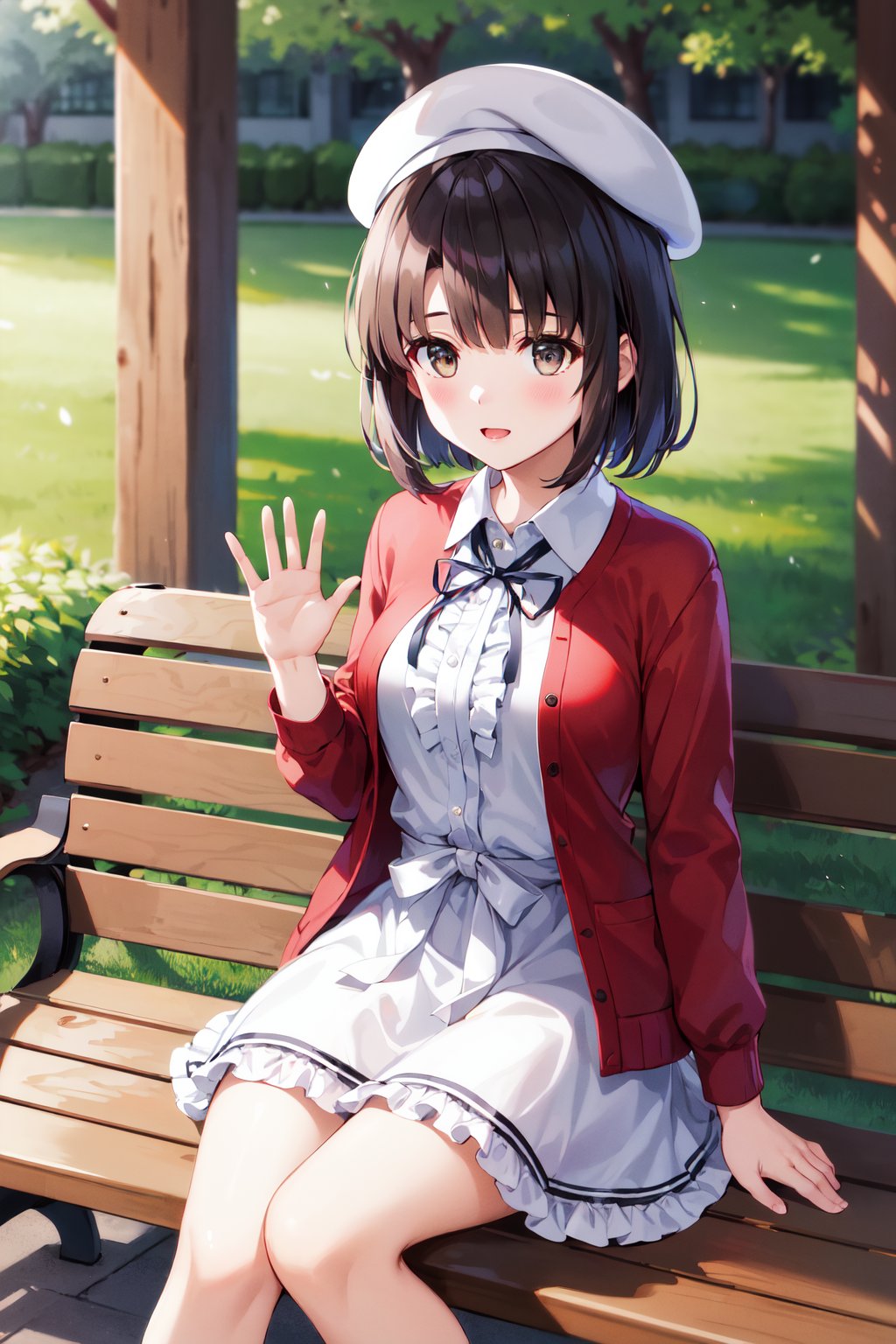 masterpiece, best quality, highres, aamegumi, short hair, beret, white headwear, neck ribbon, frills, white dress, red cardigan, open clothes, long sleeves, white bow, <lora:katou_megumi_v2:0.7>, sitting, waving, bench, outdoors