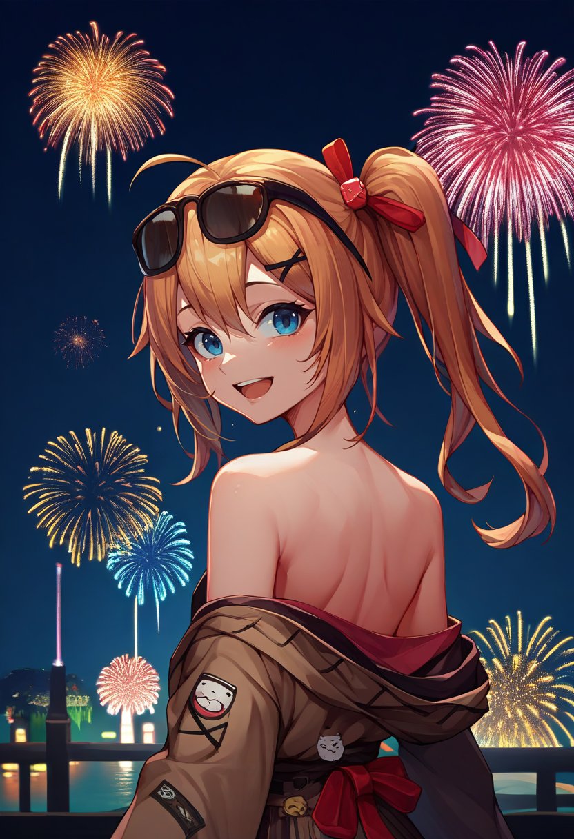 score_9, score_8_up, score_7_up, source_anime, from behind, solo, 1girl, gflkalina, happy, looking back, ahoge, side ponytail, x hair ornament, hair ribbon, red ribbon, hairclip, sunglasses, eyewear on head, brown kimono, off shoulder, bare shoulders, fireworks <lora:gfl_kalina_ponyXL:1>