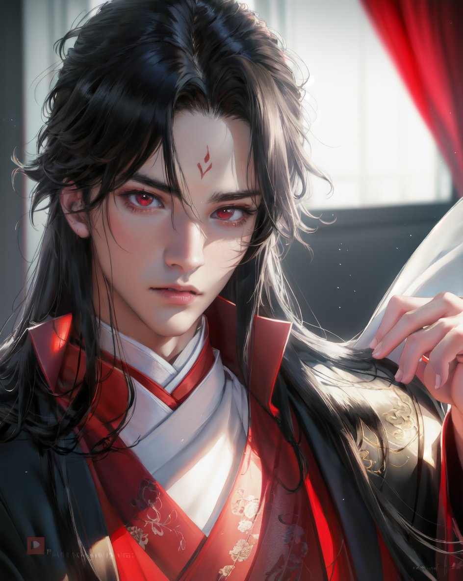 masterpiece, best quality, highly detailed background, perfect lighting, ((masterpiece)), depth of field, cinematic lighting, 1boy, male focus, black hair, long hair, forehead mark, facial mark, bishounen, looking at viewer, red eyes, chinese clothes, hanfu, closed mouth, long sleeves, robe, parted bangs, very long hair, black, robe<lora:more_details:0.1>, <lora:sakimichan-v1.5fix-lora-32dim-10ep-novae-newcraft:0.8>,  <lora:lora:0.8>