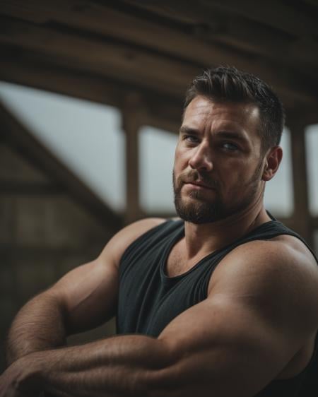 a high-resolution, artistic portrait of a man with a rugged, authentic appearance, emphasizing a well-defined physique. Black hair, fuzzy eye brows, [[blue-eyes, pupils]], round face, [subble]+goatee, Stocky:burly, muscle_bear. skin pores, imperfect skin. The man should project strength and resilience with a natural, confident expression. Use the Canon EOS R5 camera with the Canon RF 85mm f/1.2L lens to capture the image. Illuminate him with a softbox light positioned at a 45-degree angle, using a warm color temperature of around 3200K to create natural and flattering shadows that highlight his muscular definition.The background should be softly blurred with a neutral tone to maintain focus on the subject. Compose the shot with the man slightly off-center and the camera angle at eye-level to create a direct and engaging portrait. Ensure the mood is powerful yet refined, capturing the essence of rugged authenticity while maintaining a sophisticated and professional quality."