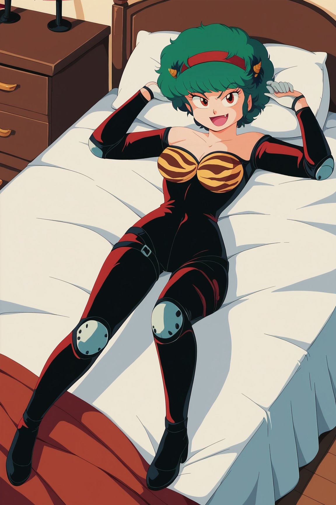 score_9, score_8_up, score_7_up, score_6_up, BREAK, TenMotherUYXL, retro artstyle, red eyes, green hair, short hair, afro, bangs, fang, red headband, yellow horns, medium breasts, bare shoulders, tiger print, black bodysuit, long slevees, white gloves, grey knee brace, black footwear, solo, full body, lying on bed, seductive smile, looking at viewer, indoors <lora:TenMotherUYXL:1>