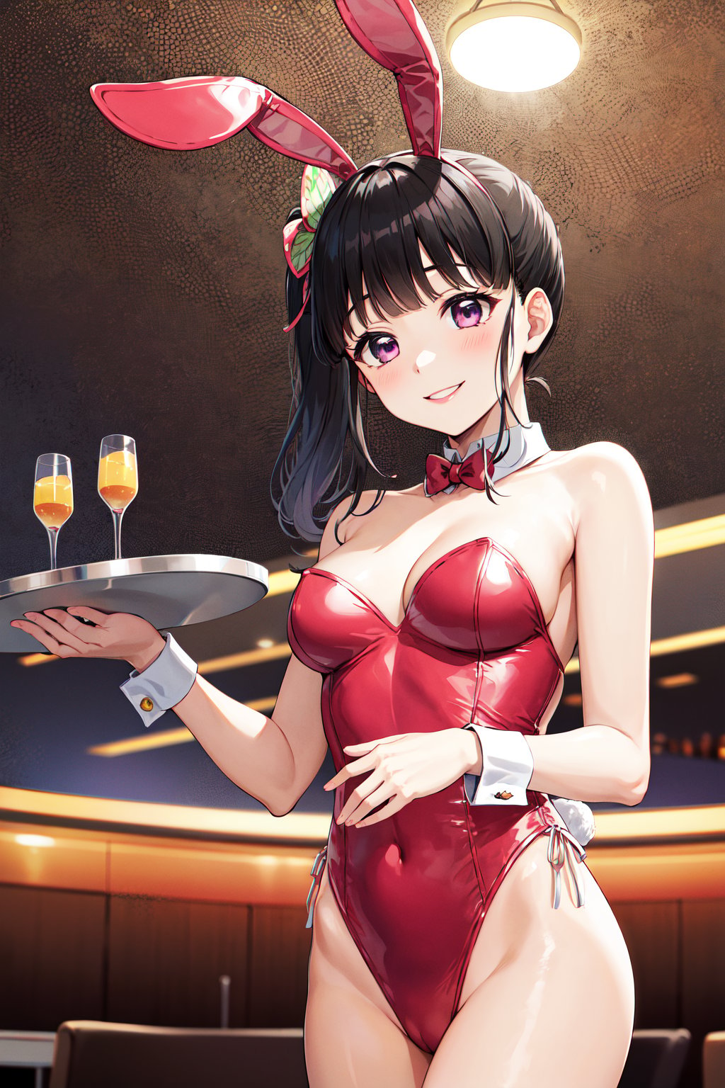 masterpiece, best quality, highres, aakanao, long hair, side ponytail, hair ornament, <lora:tsuyuri_kanao_v1:0.7>, playboy bunny, rabbit ears  casino, strapless, holding tray, smile,