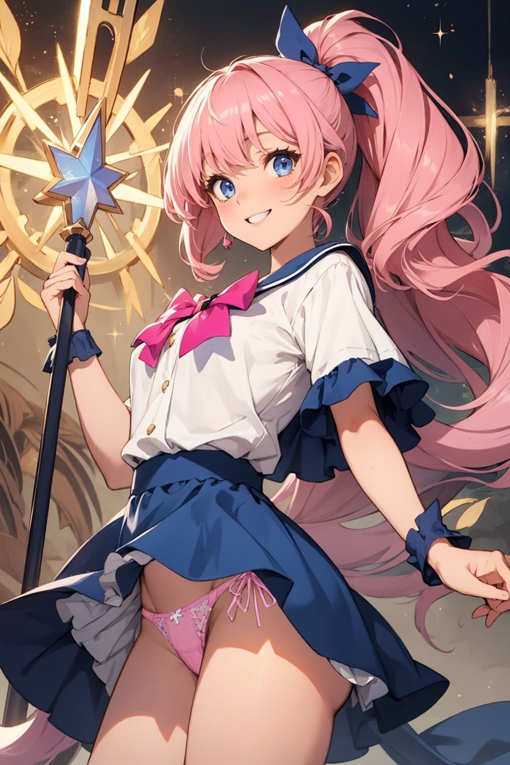 (Masterpiece:1.3), (best quality:1.2), (detailed background:1.1), (intricate details:1.1), (detailed background:1.2), 1girl, pink hair, blue eyes, medium breasts, magical girl, frills, short skirt, (micro panties:1.5), wide smile, one hand up, wand, (sparkles:1.1), (bright colors:1.1),