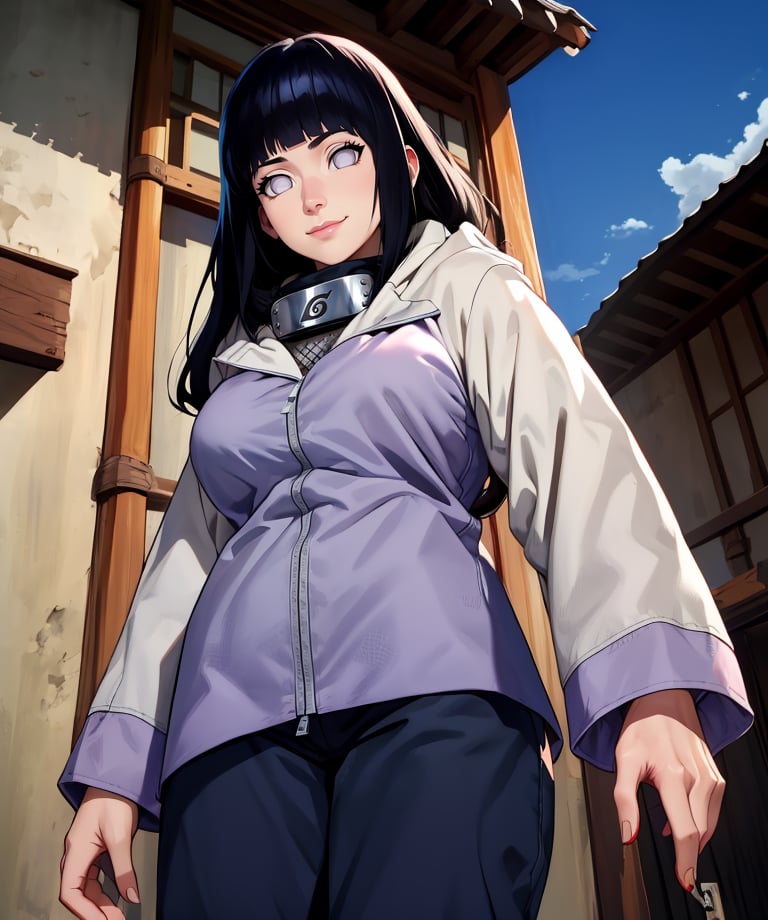 Hinata,black hair,blunt bangs,no pupils,grey eyes,long hair,long sleeves,konohagakure symbol,jacket,forehead protector around neck,hood down,zipper pull tab,pants,from below,light smile,solo,village,(insanely detailed, masterpiece, best quality,),<lora:HinataShip:0.9>,