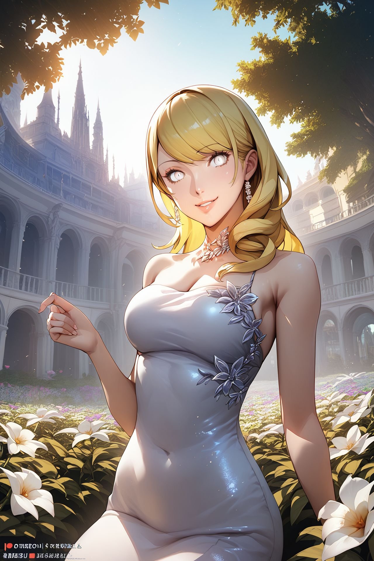 score_9, score_8_up, score_7_up, 1girl, naughty smile, looking at viewer, yellow hair, side-swept_bangs, white eyes, large breasts, evening dress, Delphinium_Pacific_Giant \(flower\), background_text <lora:Soejima_Shigenori_PonyXL_style_v01:1>