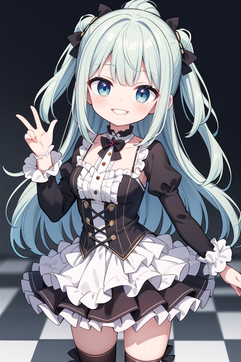 <lora:talkmouth_I_type2_v100:1>insanely detailed, absurdres, ultra-highres, ultra-detailed, best quality,1girl, solo, nice hands, perfect handsBREAK(a checkered clothes:2.0), (a checkered idol clothes:1.6), (short frill sleeve:1.3), (layered skirt,multilayer-skirt:1.6), (white thigh-high socks:1.4), (white choker,white glove with frill:1.3)BREAK(nsfw:-1.5)BREAKsmile, open mouthBREAK,standing, cowboy shot, looking at viewerBREAKslender, kawaii, perfect symmetrical face, ultra cute girl, ultra cute face, ultra detailed eyes, ultra detailed hair, ultra cute, ultra beautifulBREAKin restaurant, depth of field, ultra detailed backgroundBREAKmedium breastsBREAKgreen hair, black eyes, topknot, 