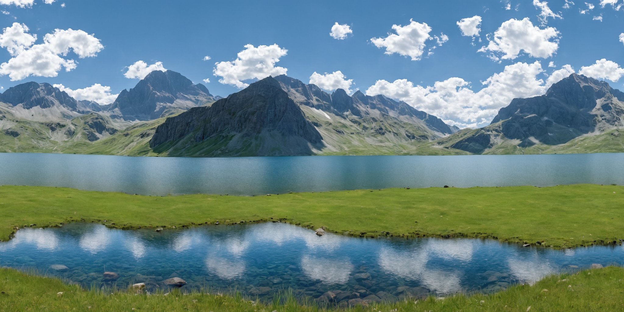 <lora:HMSG风景XL-000008:1>,Centered Horizon,No seams,A serene lake nestled among rocks and grassland,with a majestic mountain range serving as its backdrop. The clear waters of the lake mirror the sky above,creating a peaceful equilibrium between earth and heaven. The grass whispers with the wind,and the surrounding rocks stand as silent witnesses to the timeless beauty of this secluded haven.,<lora:光影XL:1>,