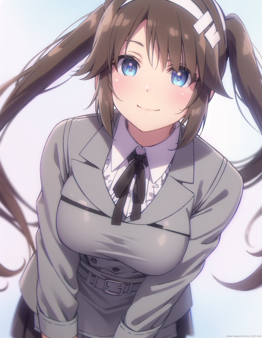 skminori, <lora:sk minori s1-lora-nochekaiser:1>,minori, long hair, bangs, blue eyes, brown hair, hair ornament, long sleeves, twintails, sidelocks, hairband, white hairband,BREAK skirt, shirt, long sleeves, school uniform, pantyhose, pleated skirt, belt, miniskirt, black pantyhose, black ribbon, neck ribbon, buttons, grey skirt, grey jacket,BREAK outdoors, classroom,BREAK looking at viewer, (cowboy shot:1.5), smile,BREAK <lyco:GoodHands-beta2:1>, (masterpiece:1.2), best quality, high resolution, unity 8k wallpaper, (illustration:0.8), (beautiful detailed eyes:1.6), extremely detailed face, perfect lighting, extremely detailed CG, (perfect hands, perfect anatomy),